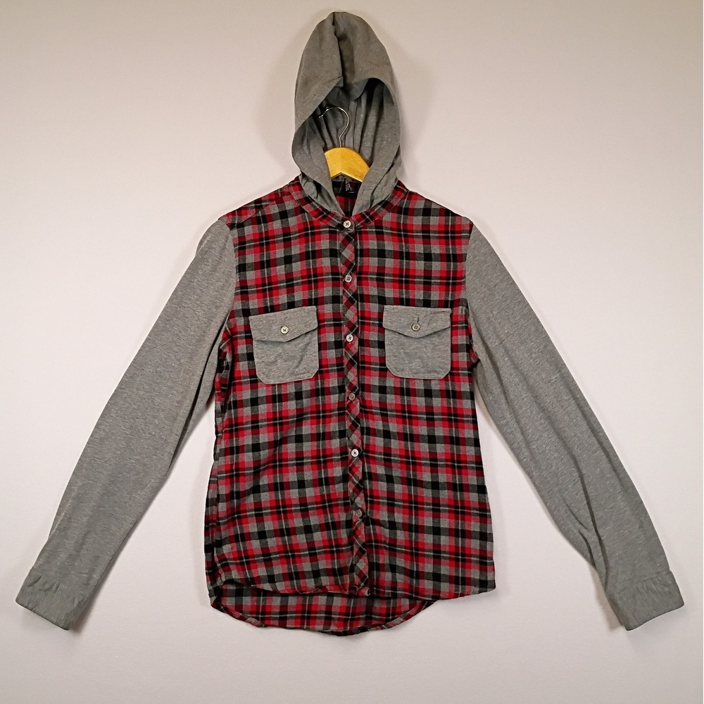 Grunge Skater Empyre Mens Medium Red Plaid Hooded Long Sleeve Flannel Shirt